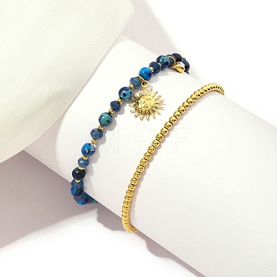 2Pcs 2 Style Natural Lapis Lazuli Beaded Stretch Bracelets Set BJEW-K238-09G-1