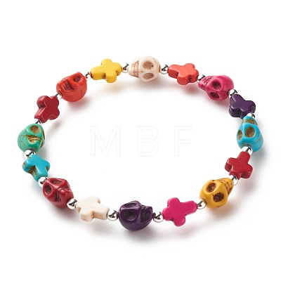 Synthetic Turquoise(Dyed) Cross & Skull Beaded Stretch Bracelet BJEW-JB08452-1