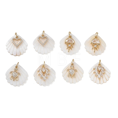 Natural Freshwater Shell & Brass & Clear Cubic Zirconia Pendants PALLOY-JF06026-1