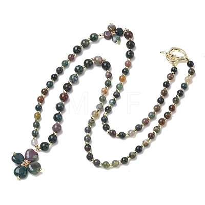 Saint Patrick's Day Natural Indian Agate Clover Pendant Round Beaded Necklaces with Brall Heart OT Clasps NJEW-G202-02G-01-1