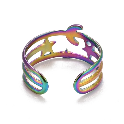 Rainbow Color Ion Plating(IP) 304 Stainless Steel Star and Moon Open Cuff Ring for Women RJEW-A005-26MC-1