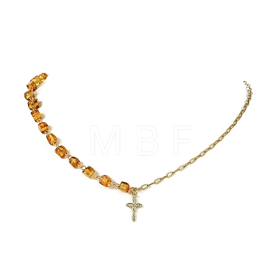 Natural Amber Beads & 304 Stainless Steel Paperclip Chain Necklaces NJEW-JN06040-1