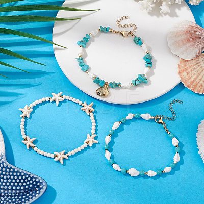 3Pcs 3 Styles Starfish Synthetic Magnesite & Turquoise Beaded Anklets AJEW-TA00030-1