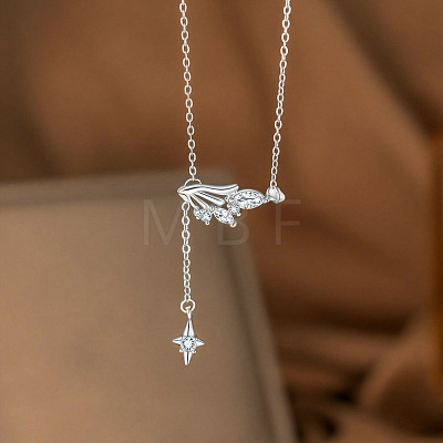 Brass Pave Clear Cubic Zirconia Wing with Star Tassel Pendant 304 Stainless Steel Cable Chain Necklaces for Women WG74F84-02-1