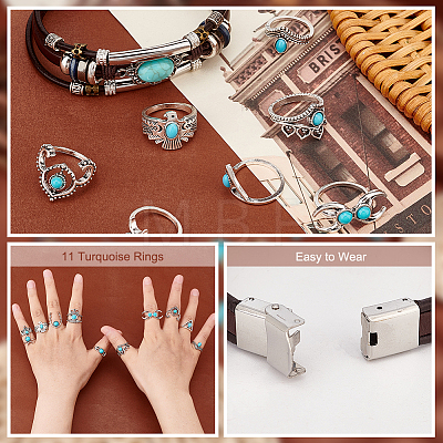   Imitation Leather Oval & Teardrop Finger Rings & Multi-strand Bracelet & Dangle Earrings & Lariat Necklace with Synthetic Turquoise SJEW-PH0001-12-1