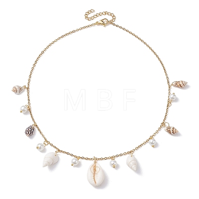 Natural Spiral Shell & Glass Pearl Charms Bib Necklace NJEW-JN04591-1