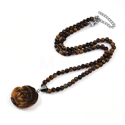 Natural Tiger Eye 4.5mm Round Beaded Flower Pendant Necklaces NJEW-T016-04I-1