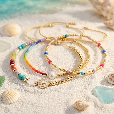 3Pcs 3 Styles Adjustable Natural Gemstone Beads & Glass Seed Beads & Brass Braided Bead Bracelets & Glass Seed Beads Stretch Bracelets Set for Wmen ZT3403-1