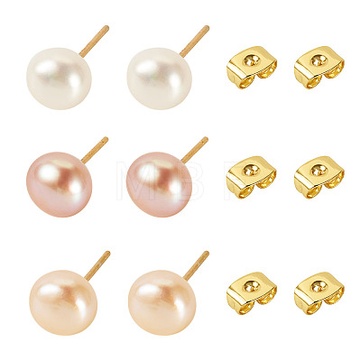 6Pcs 3 Colors Natural Cultured Freshwater Pearl Stud Earrings EJEW-TAC00026-1
