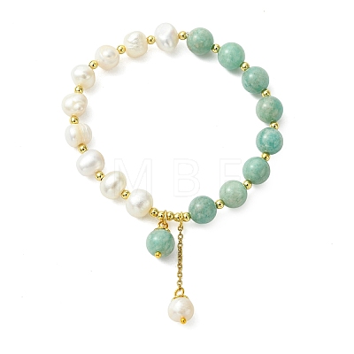 Round Natural Amazonite & Cultured Freshwater Pearl Beaded Charm Bracelets BJEW-JB14061-01-1