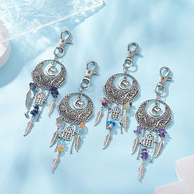 Tibetan Style Alloy Flat Round with Feather Pendants Decorations HJEW-JM01054-1