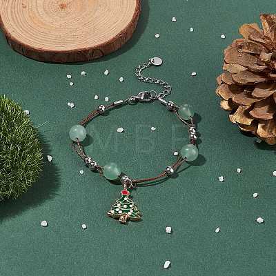 Christmas Tree Enamel Charm Bracelet with Natural Green Aventurine Beaded BJEW-TA00120-01-1