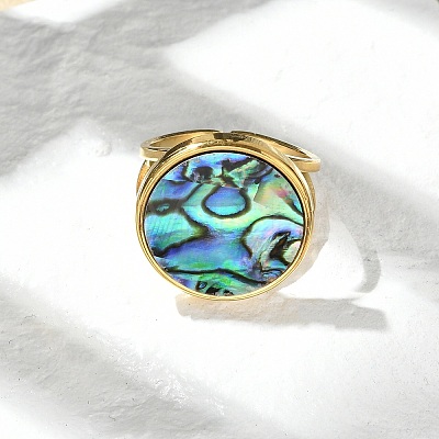 Flat Round 304 Stainless Steel Paua Shell Cuff Rings for Women RJEW-G346-02G-01-1