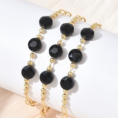 Natural Black Onyx(Dyed & Heated) Faceted Flat Round Beaded Brass Paperclip Chain Bracelets GG-CBA37F5-02G-12-1