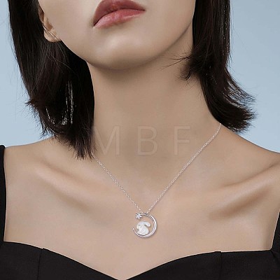 Natural Shell Bunny with Crescent Moon Pendant Necklace with Clear Cubic Zirconia JN1073B-1