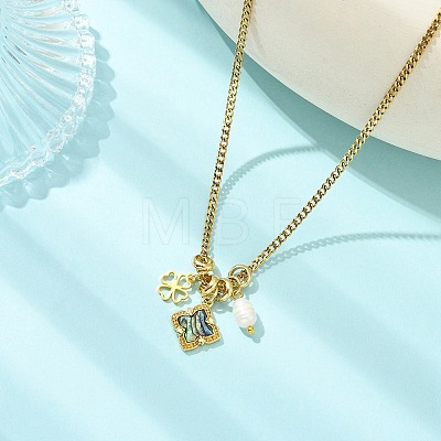 Brass Natural Paua Shell & Pearl Pendant 304 Stainless Steel Curb Chain Necklaces for Women NJEW-JN06258-03-1