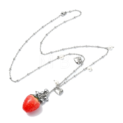 Shell Pearl & Resin Red Strawberry Pendant 304 Stainless Steel Satellite Chain Necklaces for Women NJEW-JN06118-1