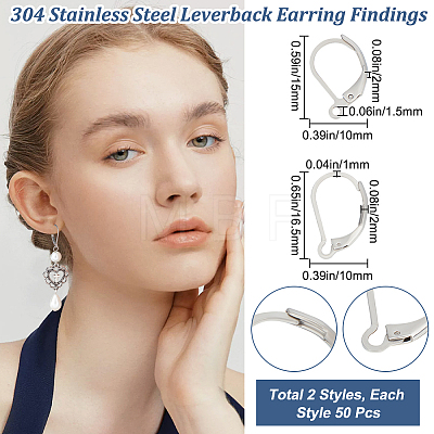 Beebeecraft 100Pcs 2 Style 304 Stainless Steel Leverback Earring Findings STAS-BBC0004-16-1