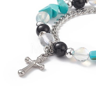 Natural & Synthetic Mixed Stone Beaded Bracelet with Cross Charm BJEW-TA00184-03-1
