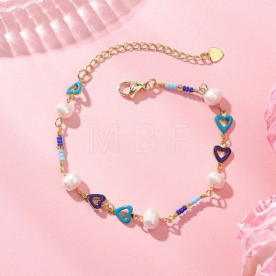Handmade Brass Enamel Heart Link Chain Bracelets for Women BJEW-JB14048-1