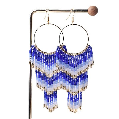 Alloy Glass Seed Beads Ring Tassel Dangle Earrings FS-WG48D5F-04-1