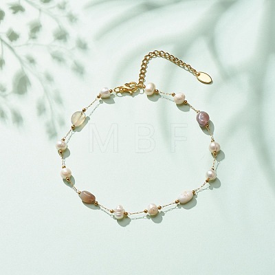 Natural Botswana Agate & Pearl Beaded Anklet AJEW-AN00500-02-1