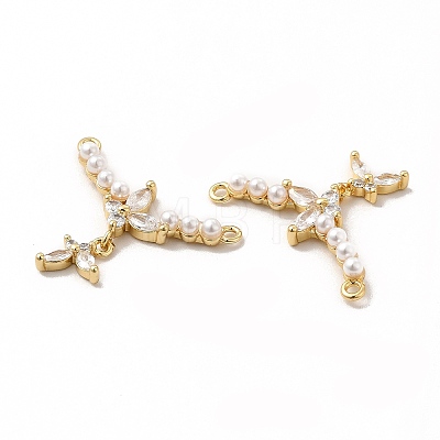 Rack Plating Brass Pave Clear Cubic Zirconia with Plastic Imitation Pearl Connector Charms KK-G456-02G-1