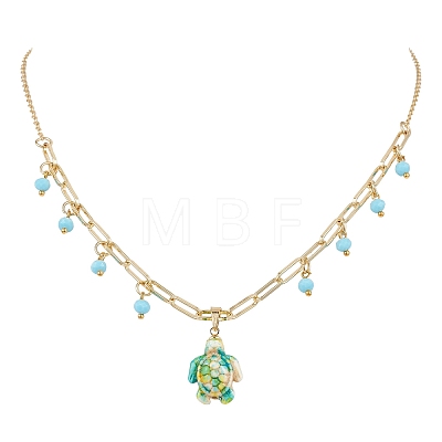 Ocean Synthetic Turquoise Sea Turtle Pendant Brass Mixed Chain Necklaces with Blue Glass for Women NJEW-JN06068-1