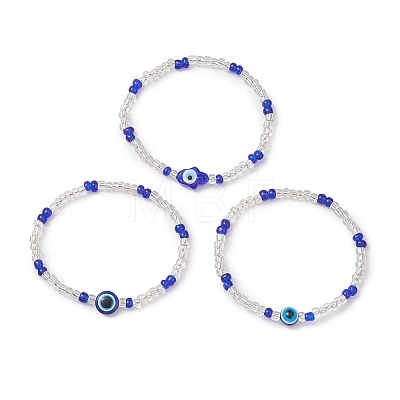 3Pcs Glass Seed Beads & Lampwork & Resin Beads Stretch Bracelets for Women BJEW-MZ00282-1