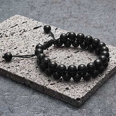 Natural Obsidian Bullet Pendant Necklace and Round Braided Bead Bracelet AJEW-SZ00002-29-1