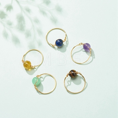 Round Natural Gemstone Braided Finger Ring RJEW-JR00496-1