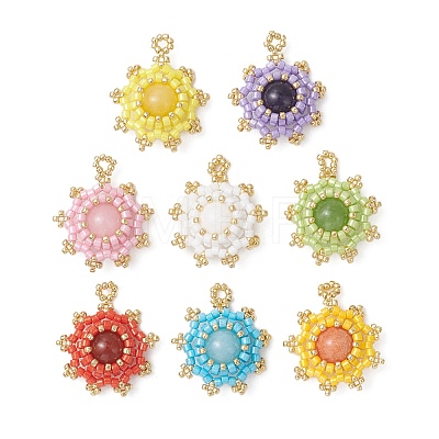 8Pcs 8 Colors Natural Carnelian & Mashan Jade & Amethyst & Malaysia Jade with Glass Seed Beaded Pendants PALLOY-MZ01275-1