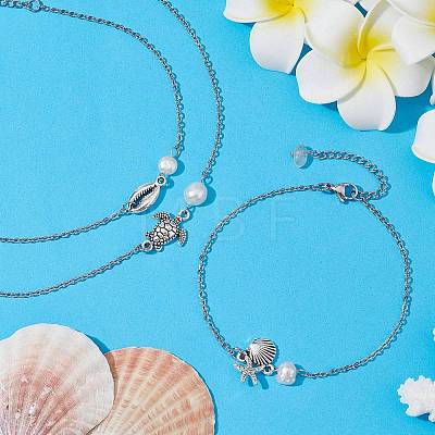 3Pcs 3 Style Turtle & Shell & Starfish Alloy Link Anklets Set with 304 Stainless Steel Cable Chains AJEW-AN00550-1