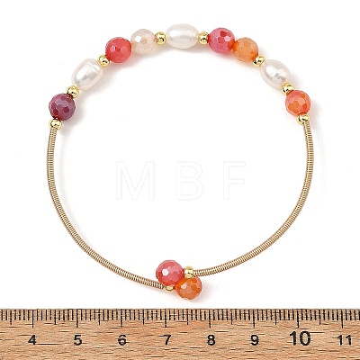 Natural Banded Agate(Dyed & Heated) Round and Rice Pearl Beaded Copper French Wire Cuff Bangles BJEW-JB14374-02-1