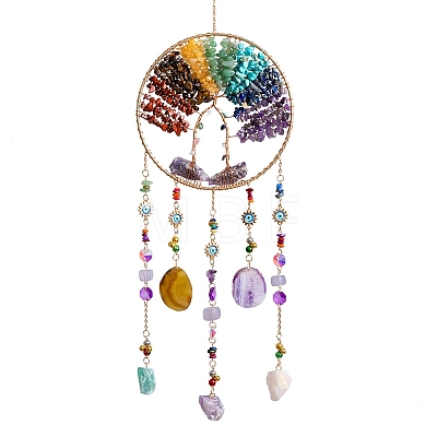7 Chakra Natural & Synthetic Mixed Stone Chips Tree of Life Suncatchers HJEW-F027-17-1