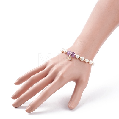 Natural Amethyst & Pearl Beaded Bracelet with Cubic Zirconia Heart Charm BJEW-JB08167-01-1