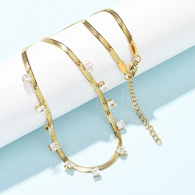 304 Stainless Steel Flat Snake Chain Necklaces with Square Cubic Zirconia NJEW-P355-02G-01-1