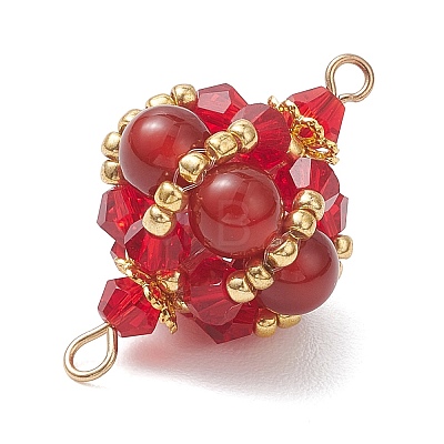 Natural Carnelian(Dyed & Heated) Round and Glass Seed Beaded Lantern Links Connector Charms PALLOY-MZ01176-03-1