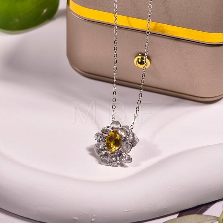 925 Sterling Silver Pave Clear Cubic Zirconia and Natural Citrine Flower Pendant Necklaces for Women FS-WGAB3DC-02-1
