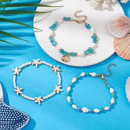 3Pcs 3 Styles Starfish Synthetic Magnesite & Turquoise Beaded Anklets AJEW-TA00030-1