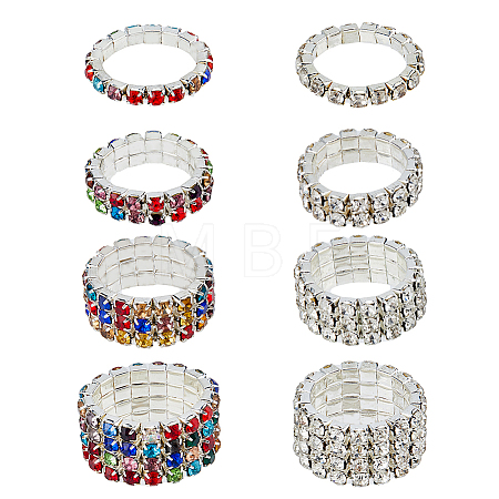 8Pcs 8 Style Rhinestone Tennis Chains Stretch Rings Set for Women RJEW-FI0001-02-1