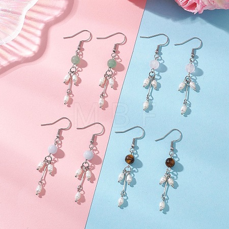 Round Natural Mixed Stone & Natural Pearl Bead Tassel Dangle Earrings EJEW-JE06936-1