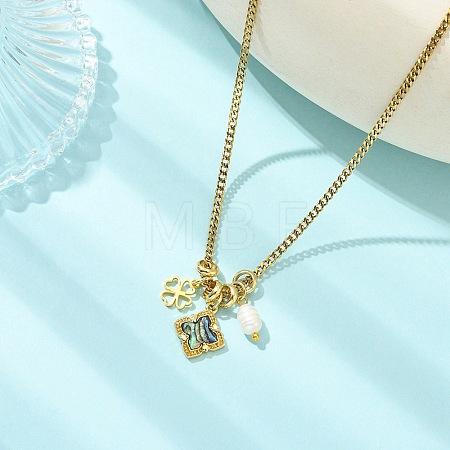 Brass Natural Paua Shell & Pearl Pendant 304 Stainless Steel Curb Chain Necklaces for Women NJEW-JN06258-03-1