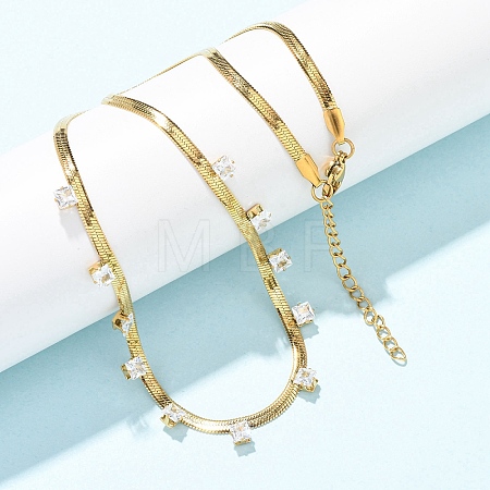 304 Stainless Steel Flat Snake Chain Necklaces with Square Cubic Zirconia NJEW-P355-02G-01-1