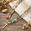 304 Stainless Steel Cross Pendant Paux Pearl & Glass & Mixed Stone Beaded Double Layer Necklaces for Women WU1738-2-2