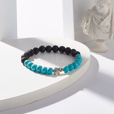 Round Synthetic Turquoise & Natural Lava Rock Stretch Bracelet BJEW-JB07470-02-1
