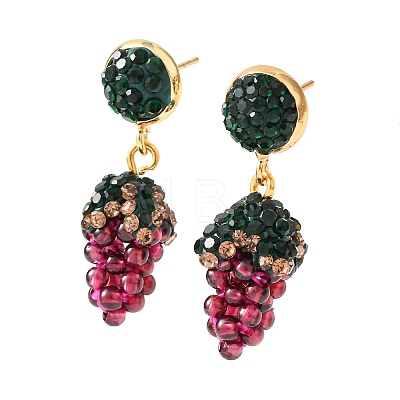 Grape Brass & Polymer Clay Rhinestones Dangle Stud Earrings EJEW-G455-01G-1