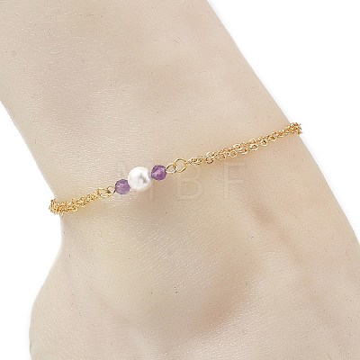 White Round Shell Pearl & Natural Amethyst Beads Anklets AJEW-AN00835-01-1