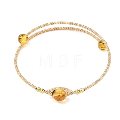 Round Natural Amber Herringbone Wire-Wrapped Cuff Bangles BJEW-JB14498-1