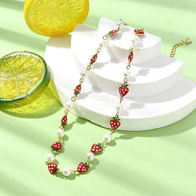 Brass Enamel Red Strawberry Link Chain Necklaces for Women NJEW-JN06121-1